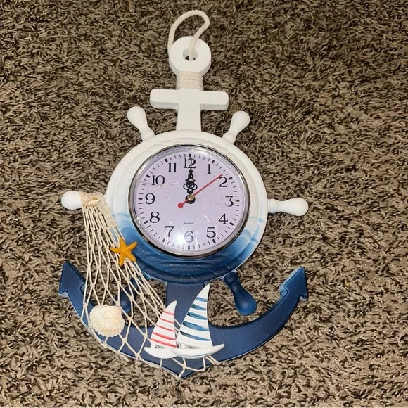 NWOT Nautical Blue and White Anchor Wall Clock - Picture 1 of 10
